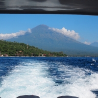 Volcano view from speed boat to Gili Islands