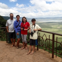 Ngorongoro crater overlook - Kids rocking their chimp shirts. Liam wearing his favorite chimp Tumbo (Swahili for stomach of course)